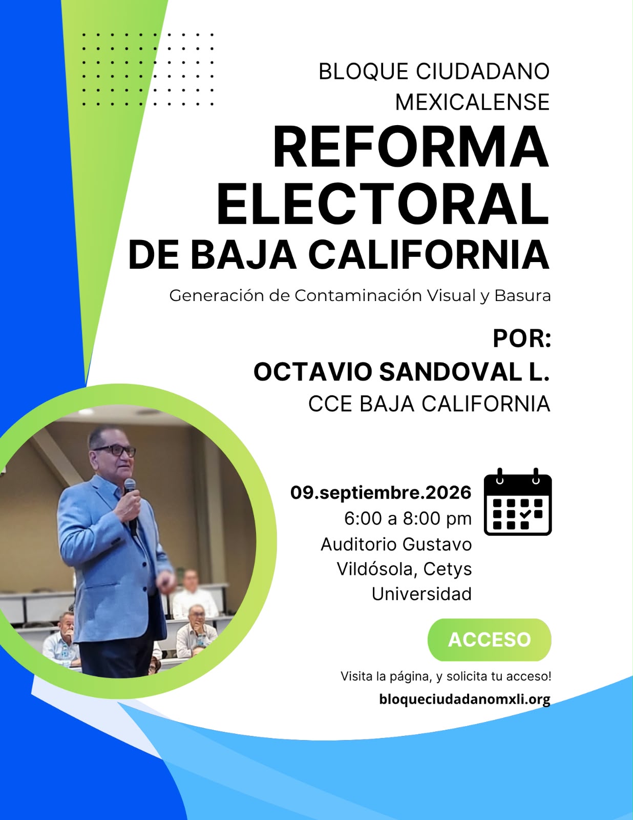 Flyer oficial: Reforma Electoral de Baja California, evento del Bloque Ciudadano Mexicalense con Octavio Sandoval L.